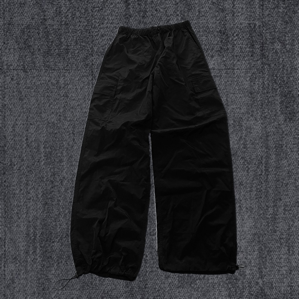 Black nylon cargo pants by PINK VS with adjustable waist and ankle straps